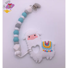 Load image into Gallery viewer, Llama Teething Clip - white llama & silver metal clip - baby