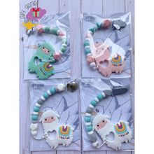 Load image into Gallery viewer, Llama Teething Clip - white llama & silver metal clip - baby