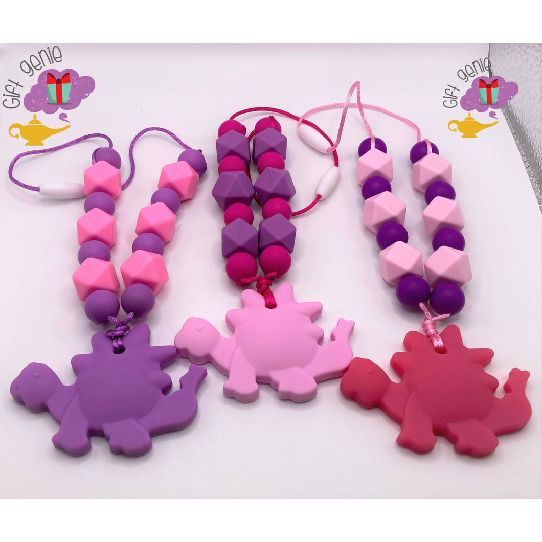 Blue and Green Pink Purple Dinosaur Sensory Chewy Necklace -