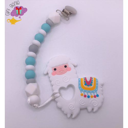 Llama Teething Clip - white llama & silver metal clip - baby